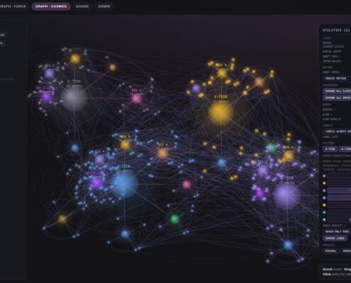 DejaViewed Cosmos graph visualization showing orbital node clusters organized by tier and collection with cross-connection overlays